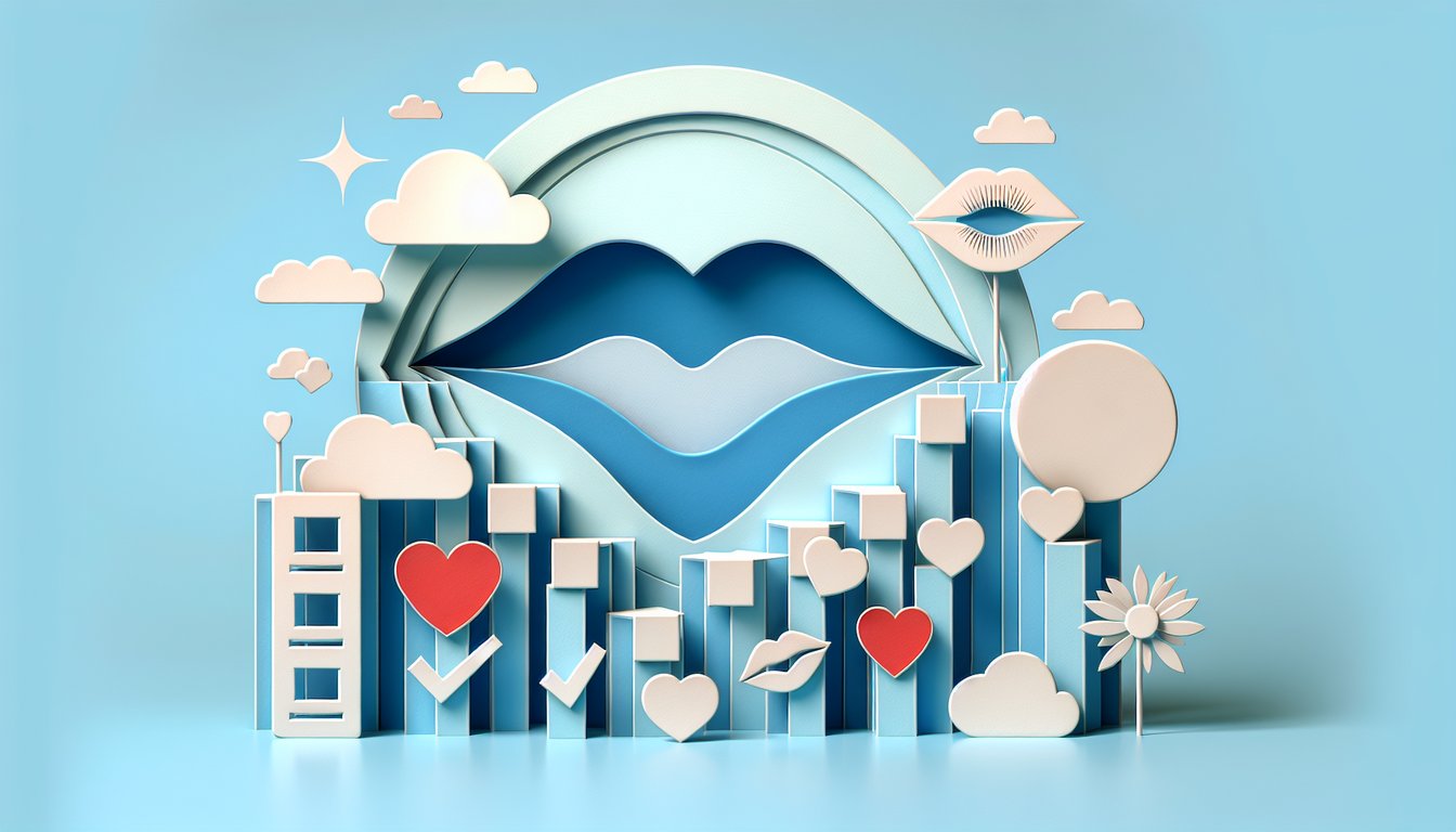 Paper art illustration for a kissing style quiz on a sky blue background.