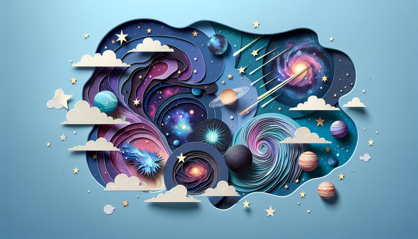 Colorful paper art nebula quiz illustration on a sky blue background.