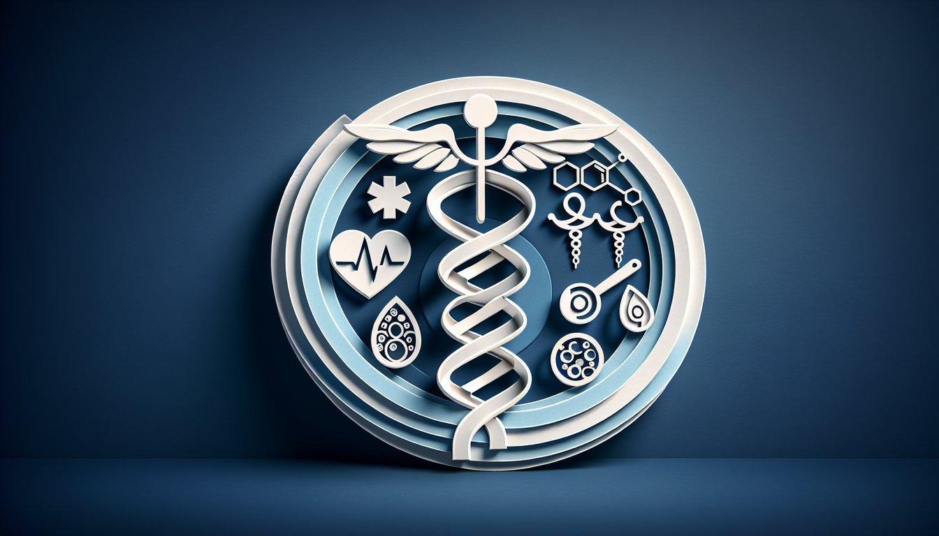 Paper art icons of medical book, stethoscope, pencil and quiz letters on dark blue background for medical terminology exam