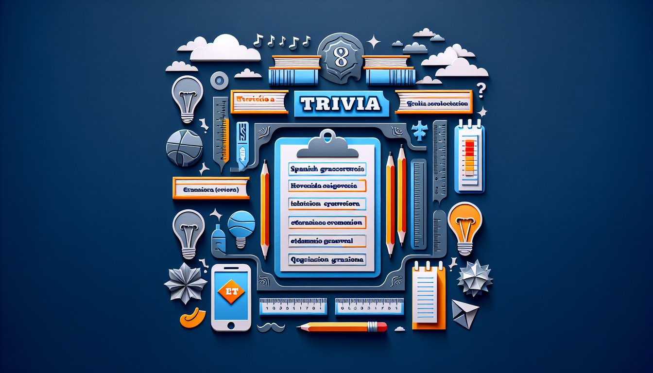 Colorful paper art promoting Desafo Gramtica 2, a Spanish grammar quiz for high school students.