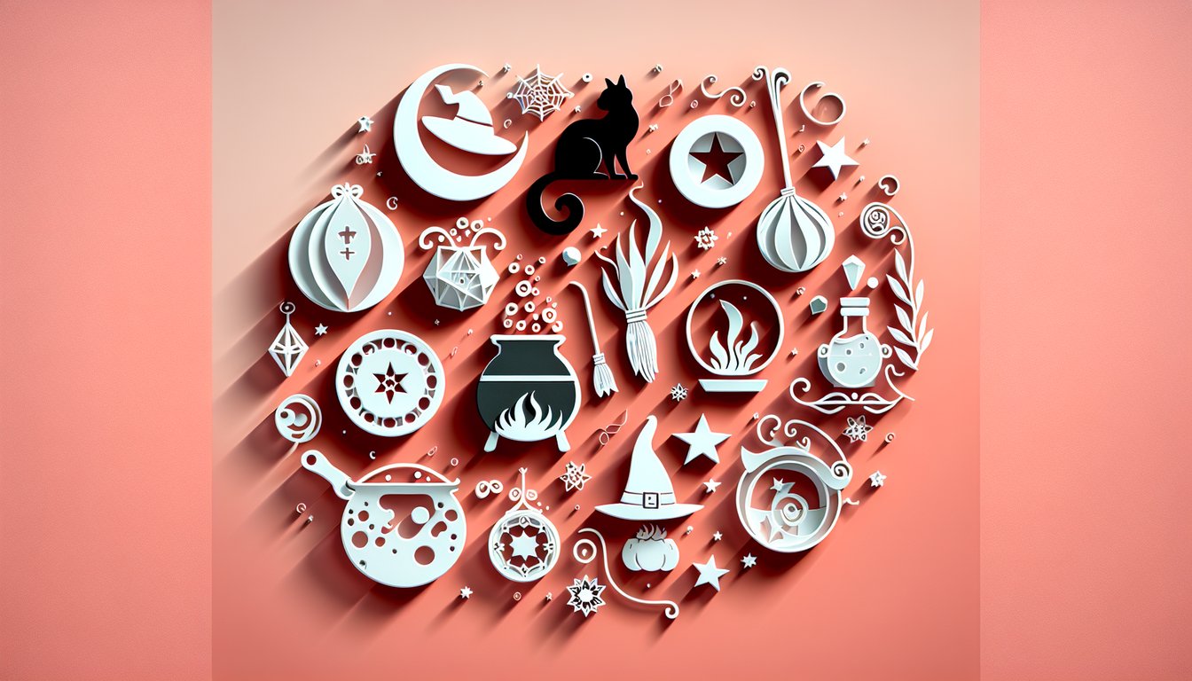 Paper art quiz illustration about mystical powers and witch identification on a coral background