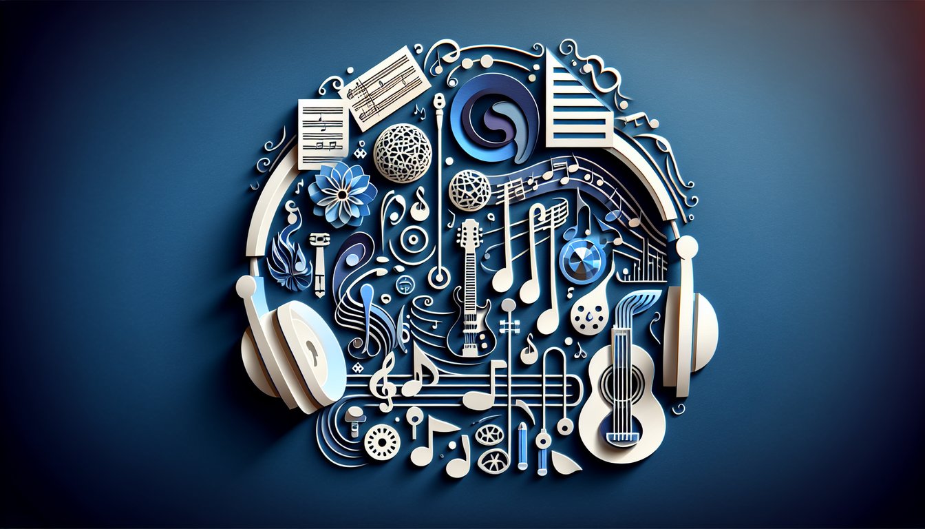 Paper art musical notes and headphones layered on dark blue background for tone deaf quiz