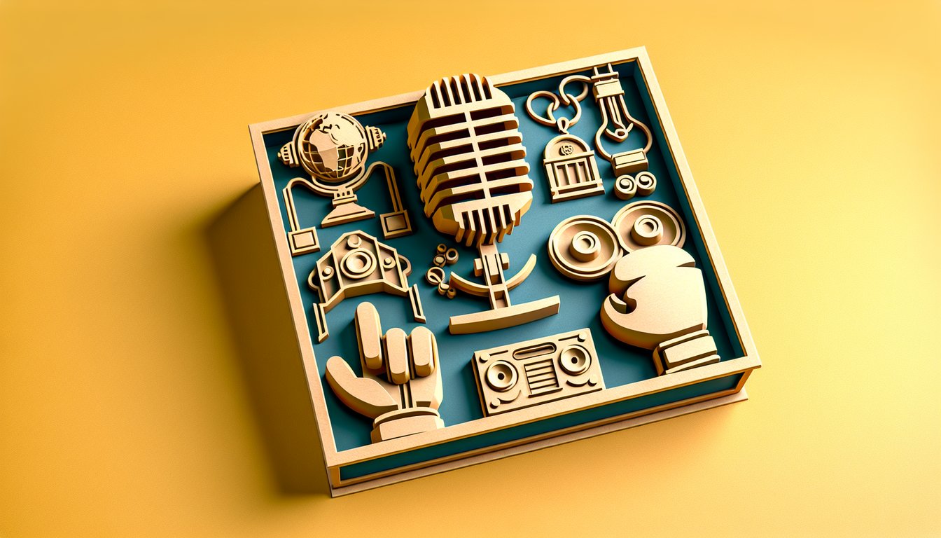 Paper collage cutouts of Mr T and Mr Rogers facing off with TV silhouettes on golden yellow for rap battle quiz