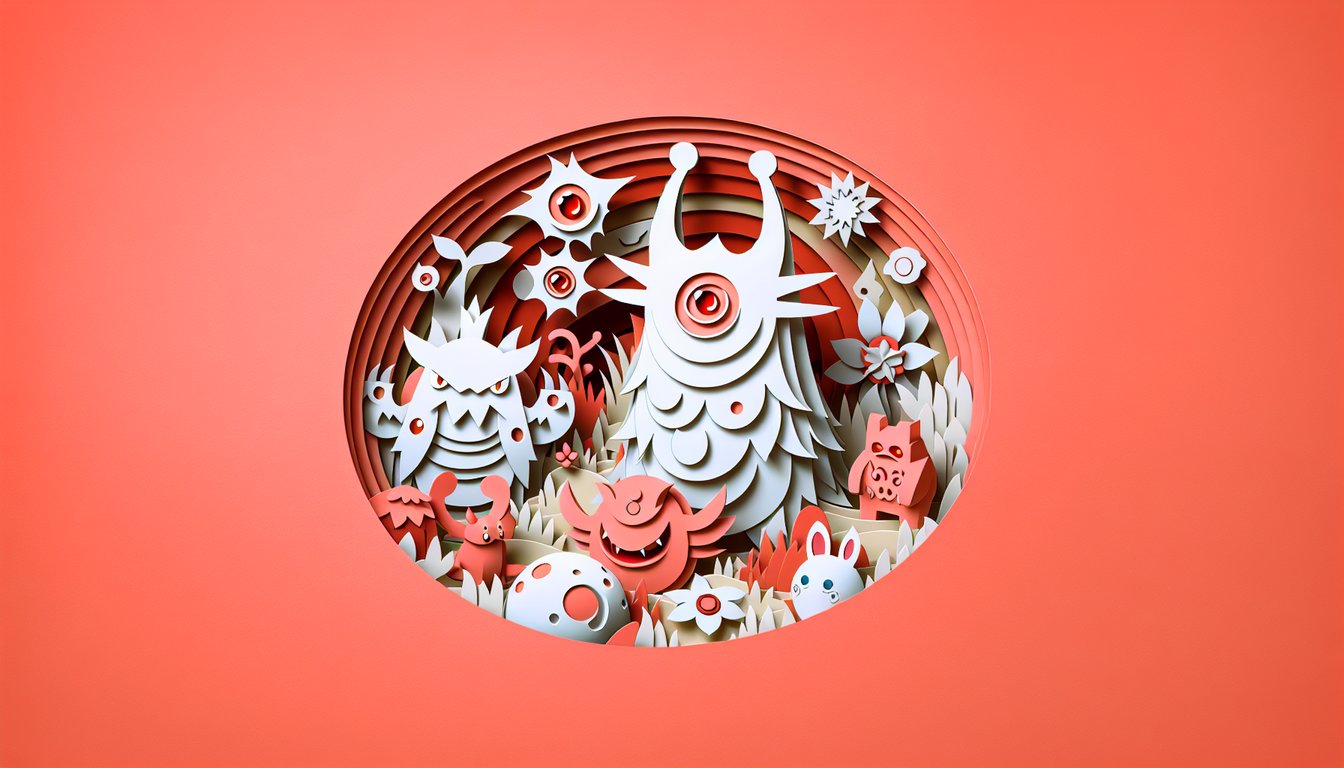 Paper art illustration for Pokesona style match quiz on a coral background