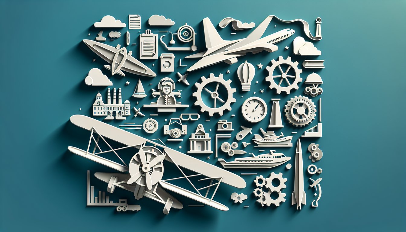 Paper art illustration showing iconic aircraft milestones, pioneers on a teal background for an aviation history quiz