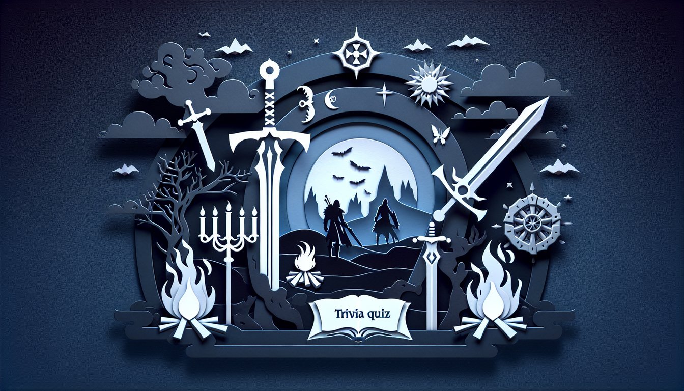 Paper art illustration Dark Souls quiz featuring knight silhouette, bonfire, sword and shield on dark blue background