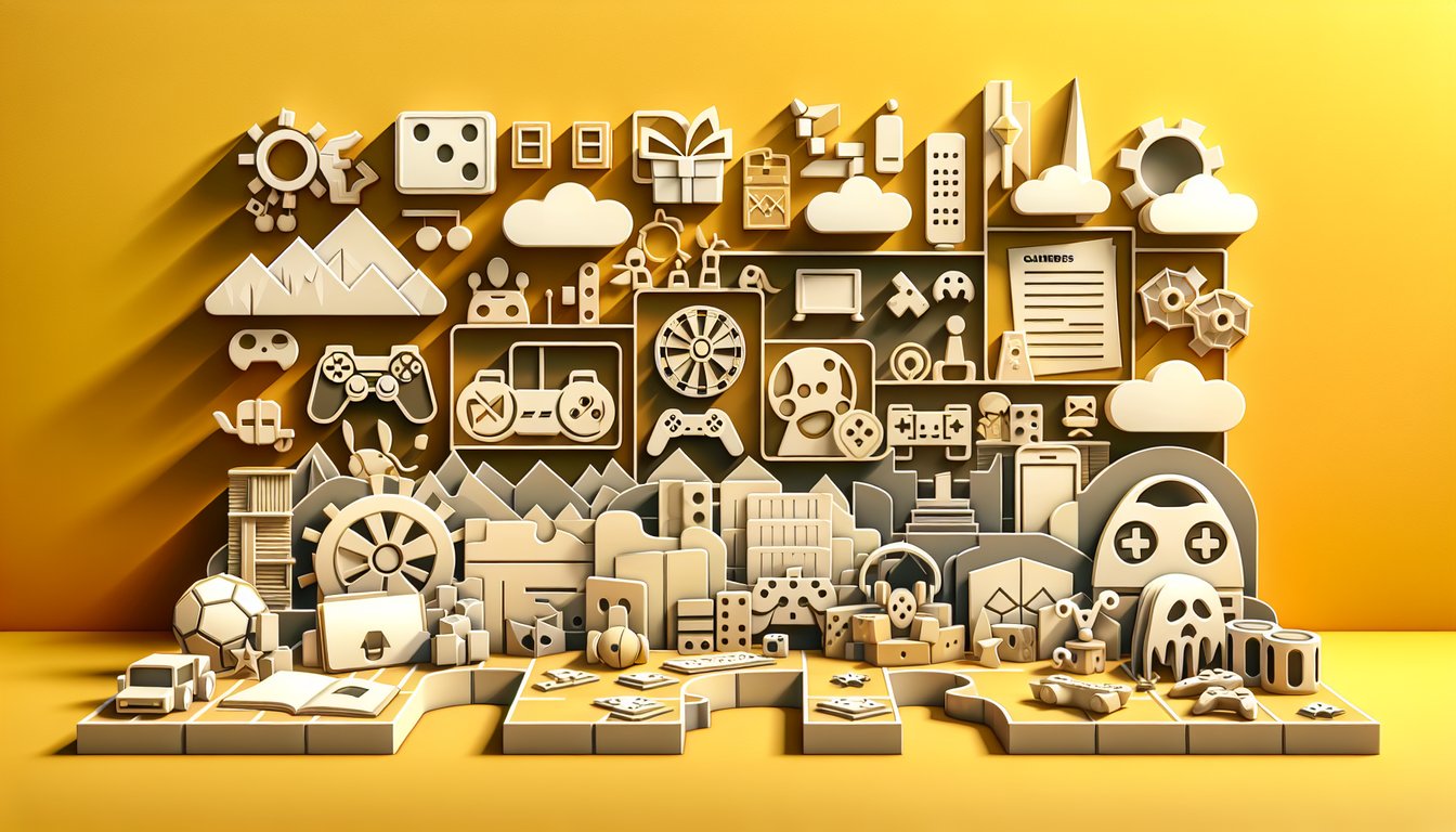 Paper cut style scene of game controller, puzzle pieces, lightning bolts on golden yellow background for gamer style quiz
