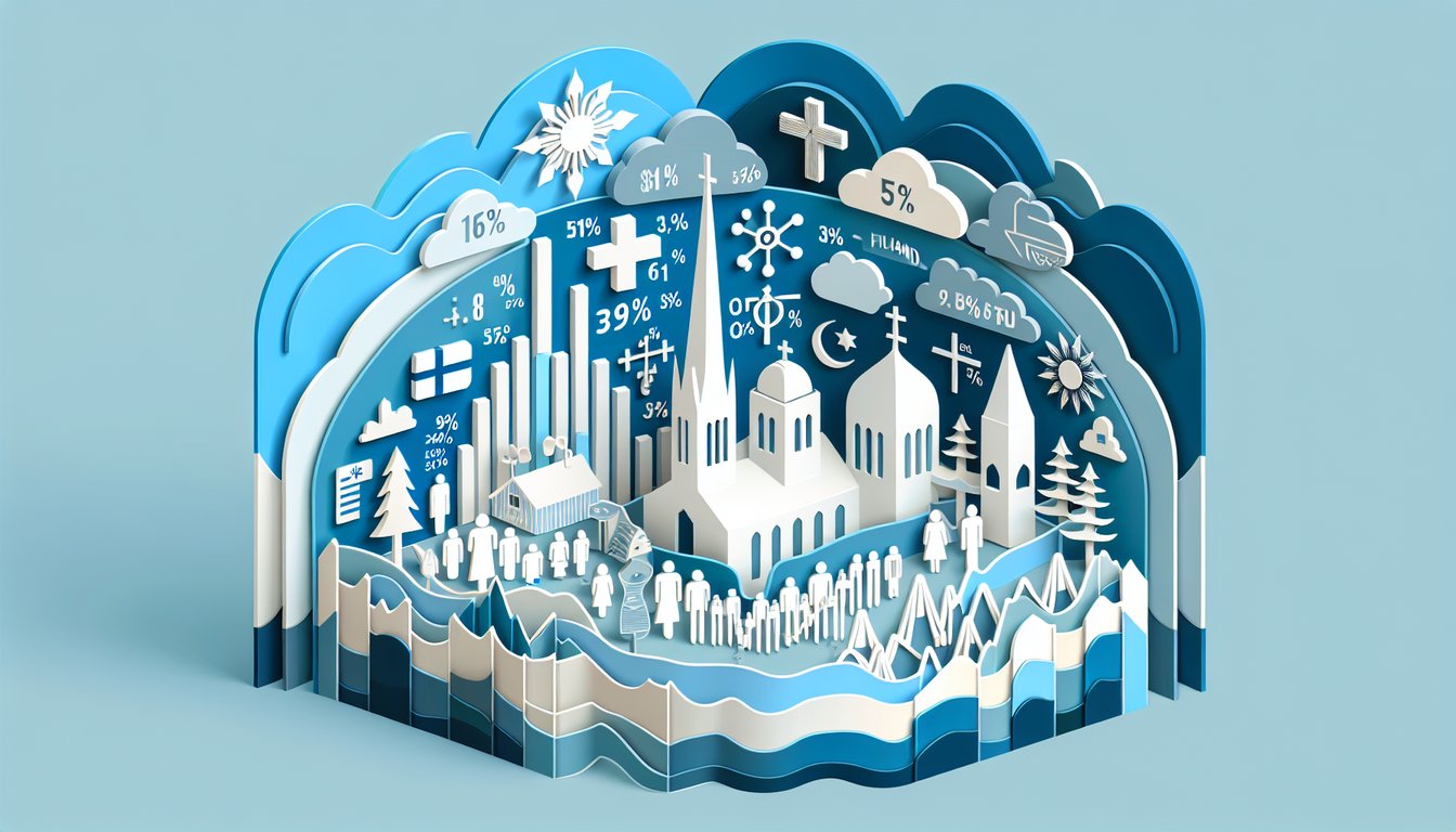 Paper art illustration quiz concept of Finland demographics religion population stats faith distribution sky blue background