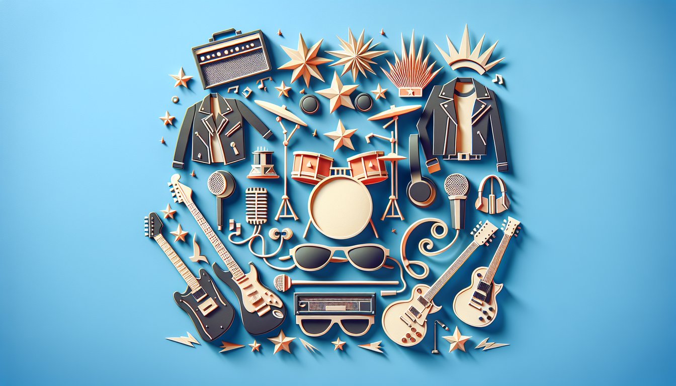 paper art rockstar icons guitars microphones vinyl records on sky blue background personality quiz