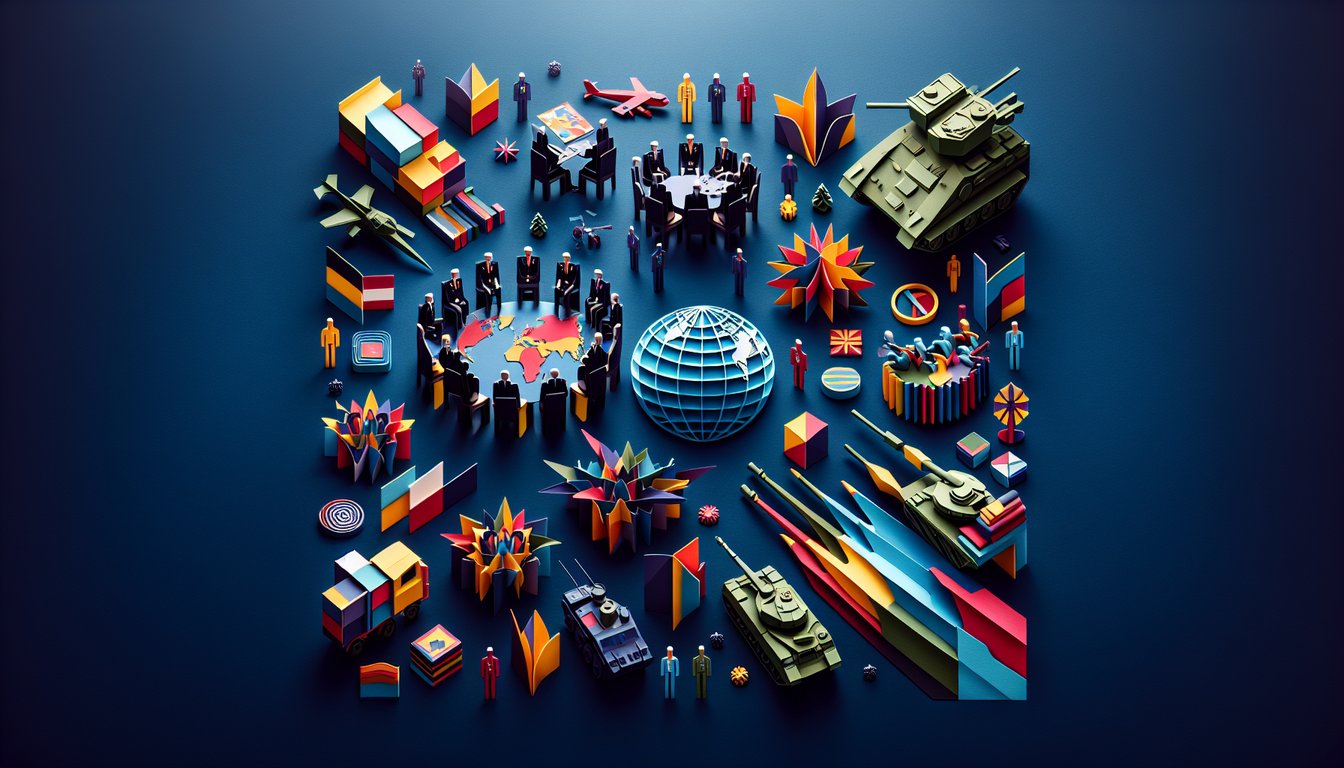 Colorful paper art promoting a trivia quiz on World Economic Forum and Military topics.