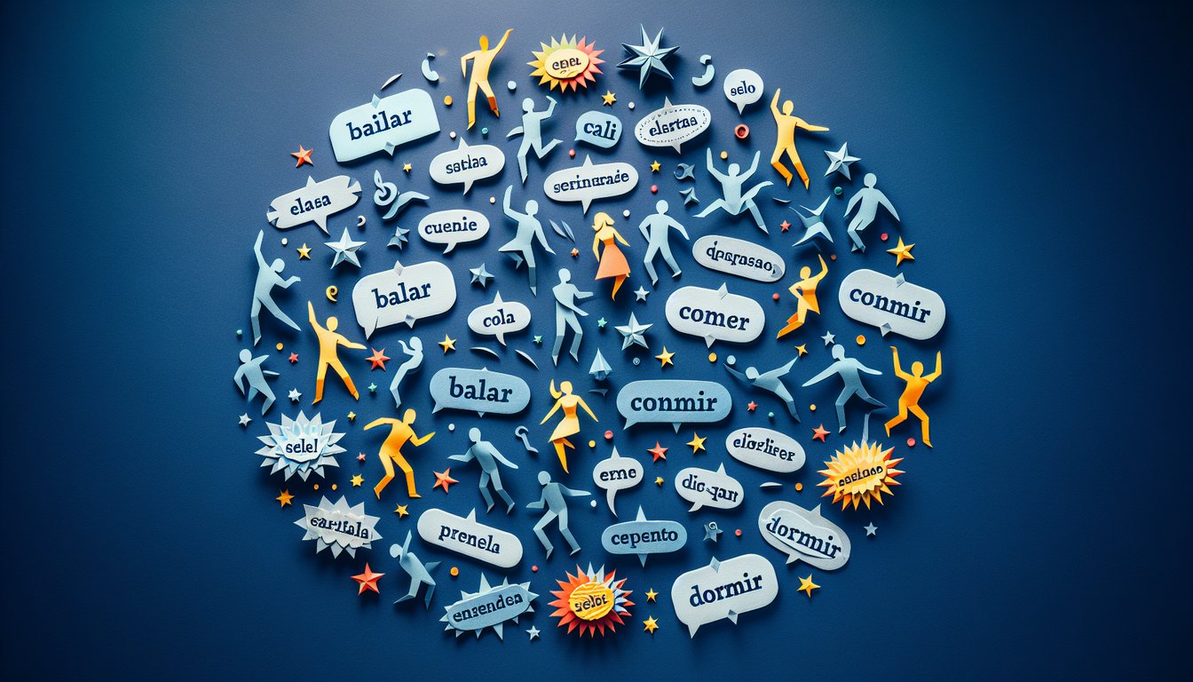 Colorful paper art promoting a fun Spanish Verb Conjugation Quiz.