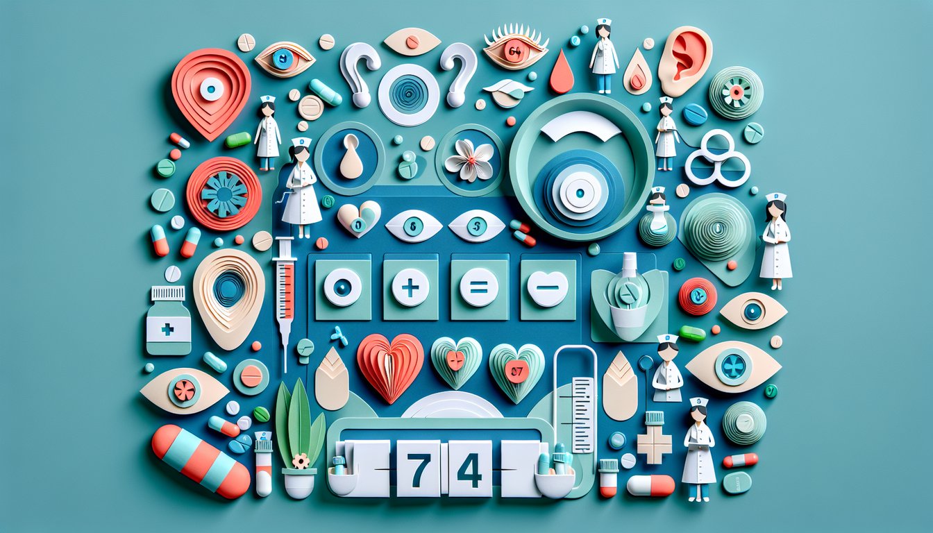 Paper art style nursing quiz with 64 questions and eye and ear medication icons on teal background