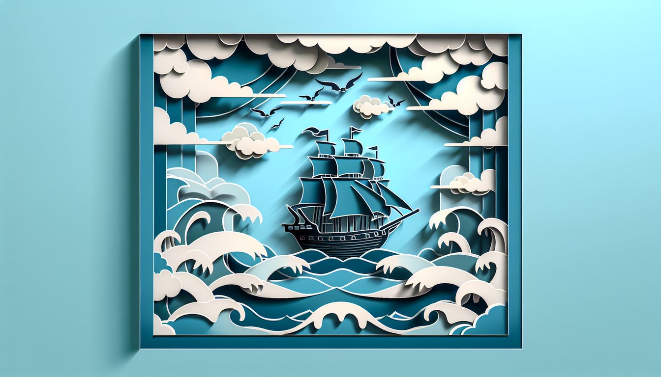 Paper art collage of pirate symbols and villain masks for a One Piece personality quiz on a sky blue background