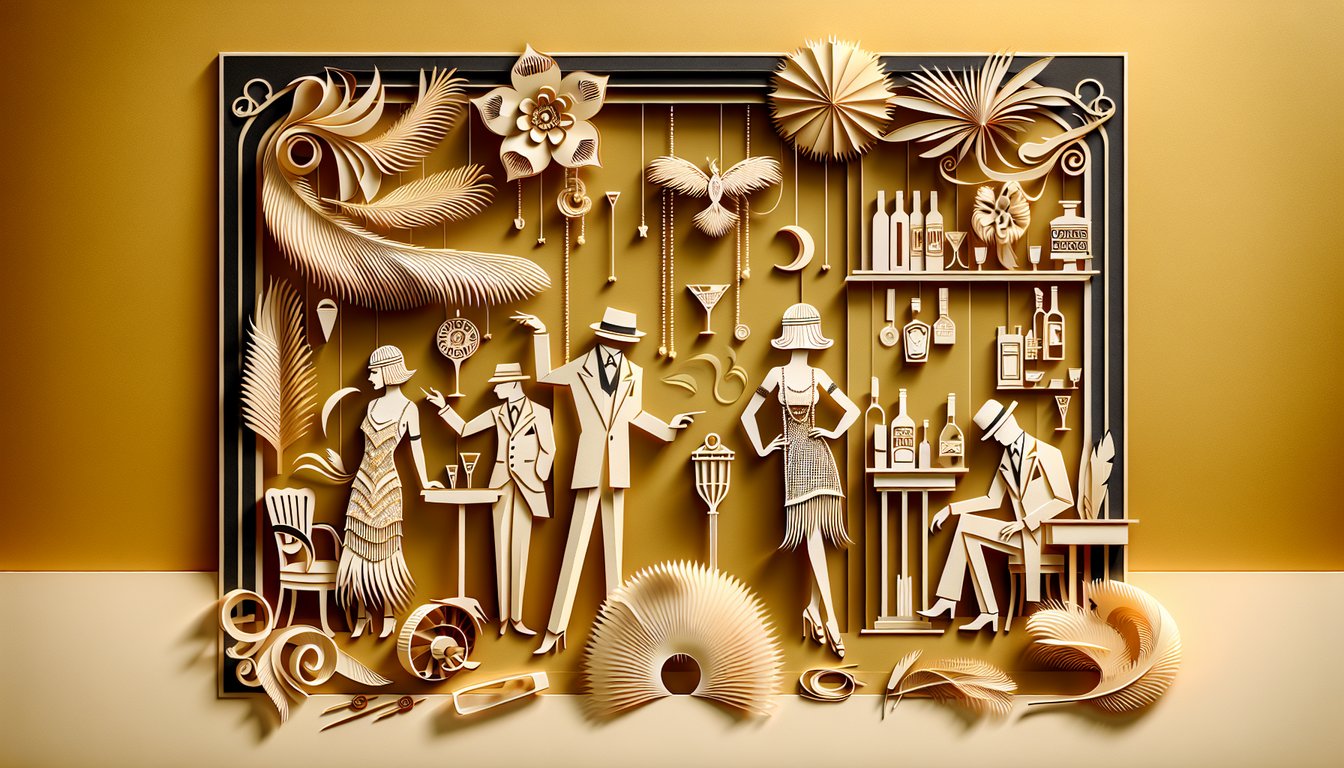 1920s themed paper art quiz illustration on a golden yellow background