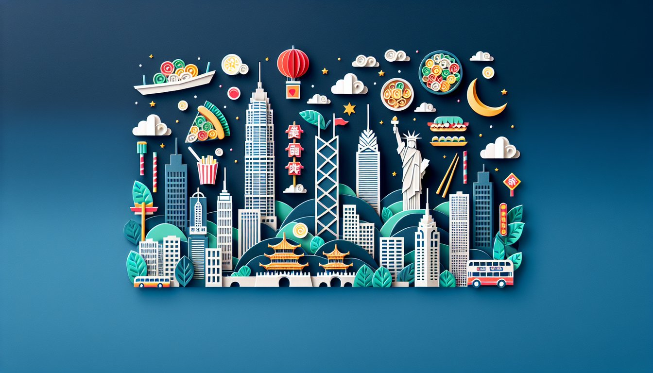 Colorful paper art depicting Hong Kong skyline for a trivia quiz
