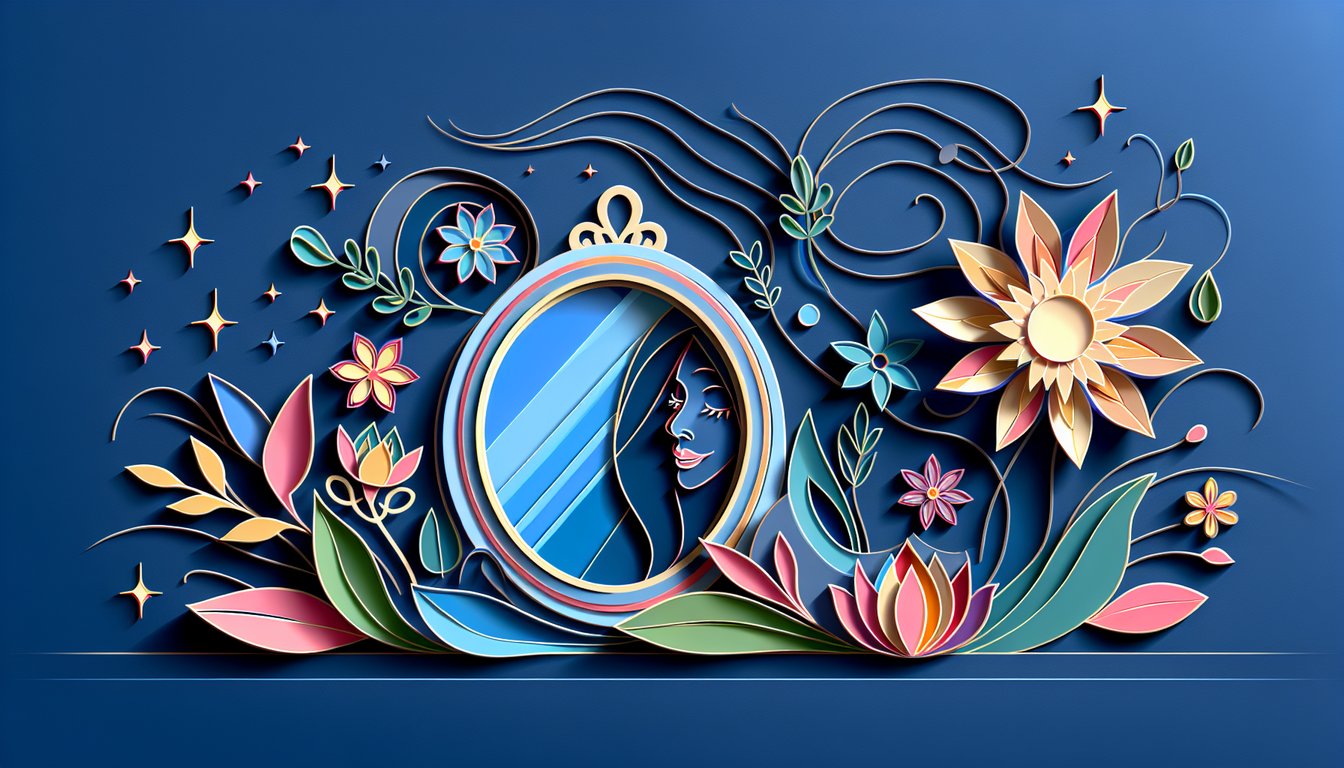 Paper art illustration for a natural beauty quiz on a dark blue background