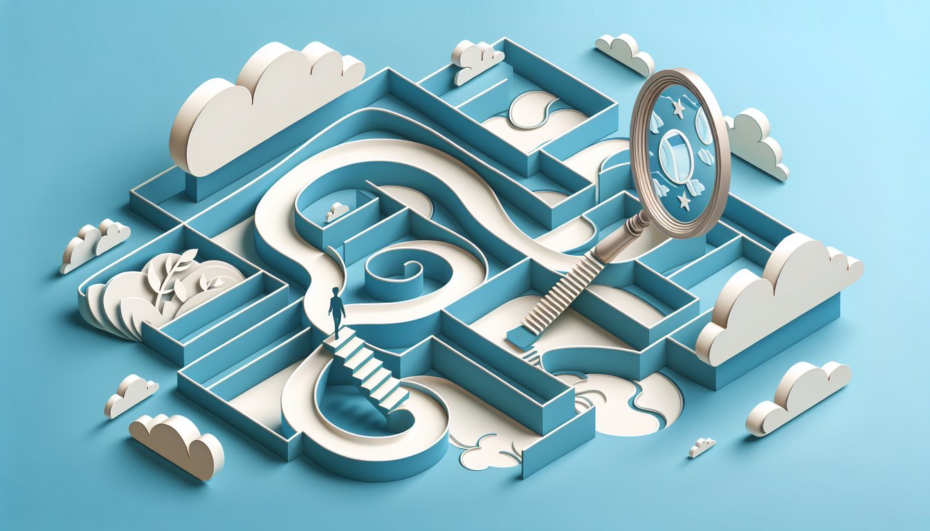 Paper art illustration with puzzle pieces thought bubbles head silhouette quiz to reveal flaws on sky blue background