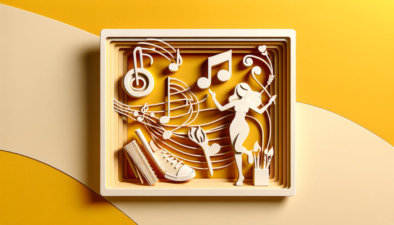 Paper cut floral shapes and female silhouettes symbolizing sister personality quiz on golden yellow background