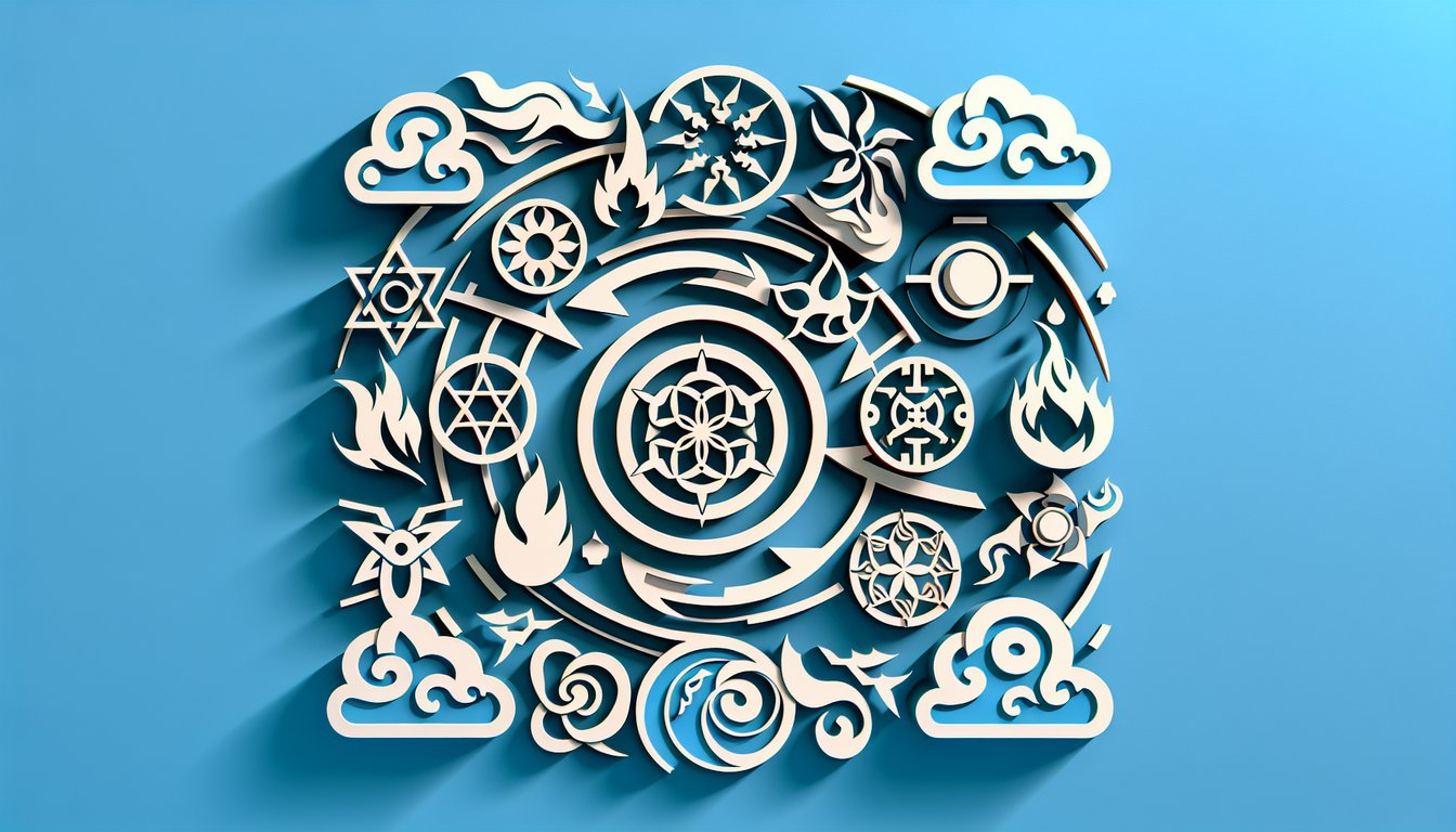 Paper art illustration of elemental chakra symbols and ninja silhouettes floating on a sky blue background