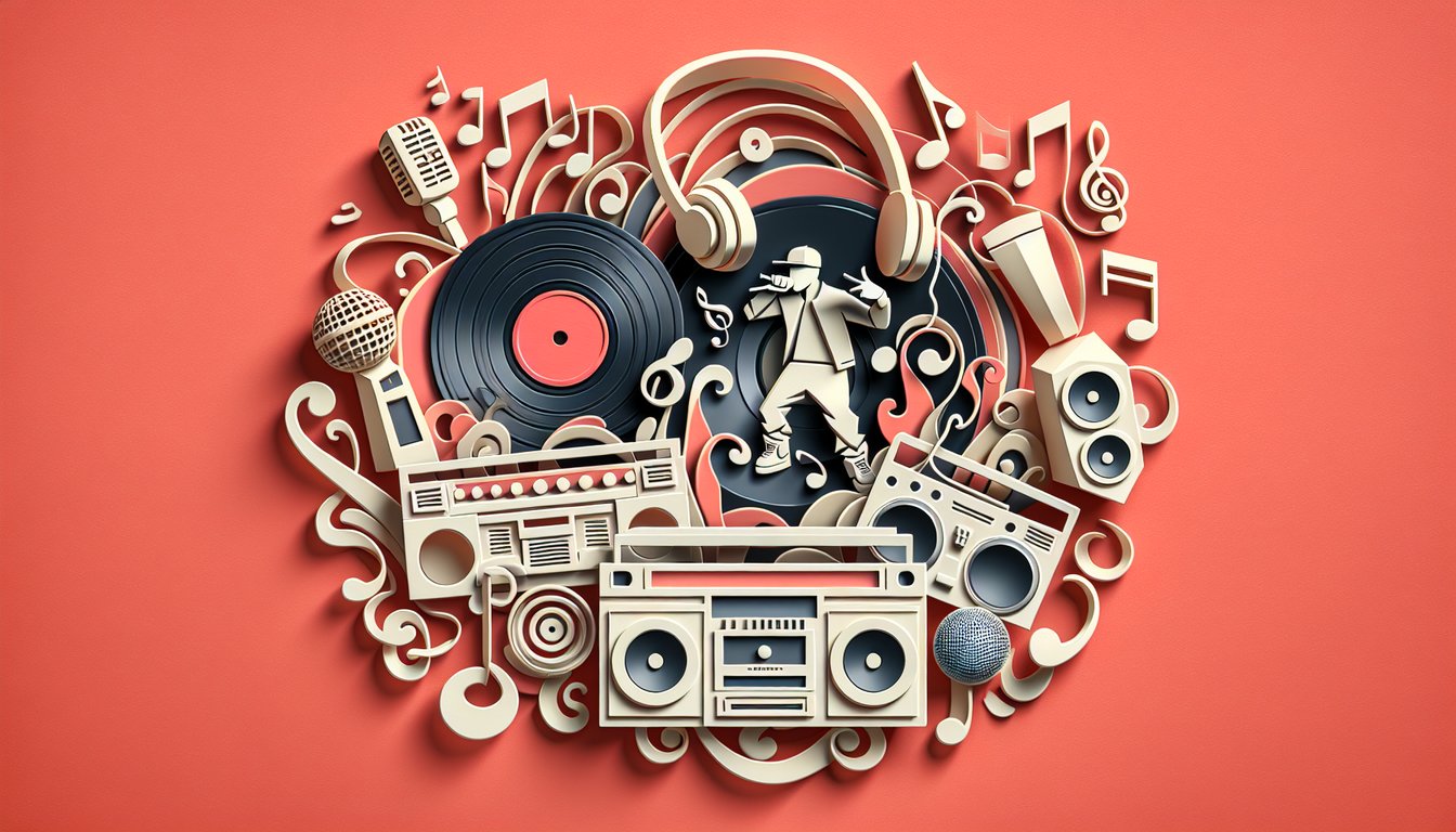 Paper cutout microphone speaker graffiti collage on coral background for hip hop rap name generator quiz