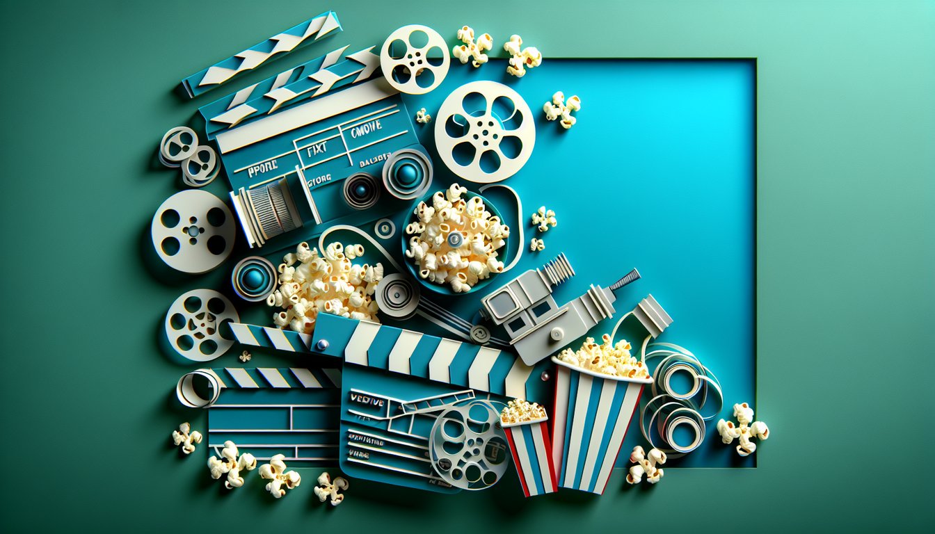 Paper art style film quiz illustration film reel clapperboard tickets and popcorn on teal background