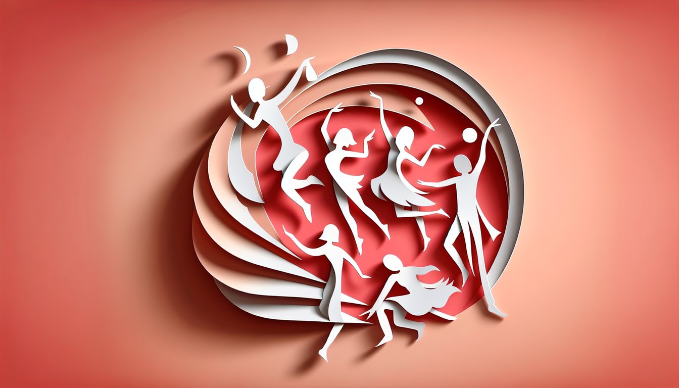 Paper art dancing figures with life series text on coral background for free personality quiz