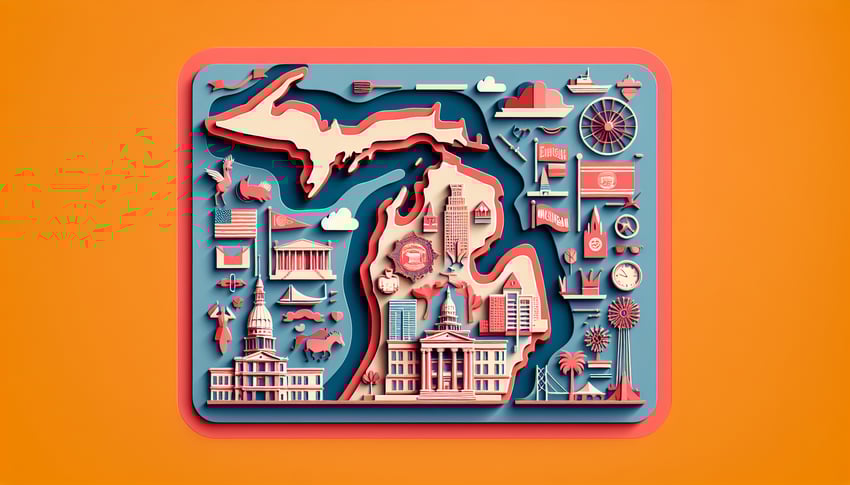 Paper art illustration for Michigan trivia quiz on coral background