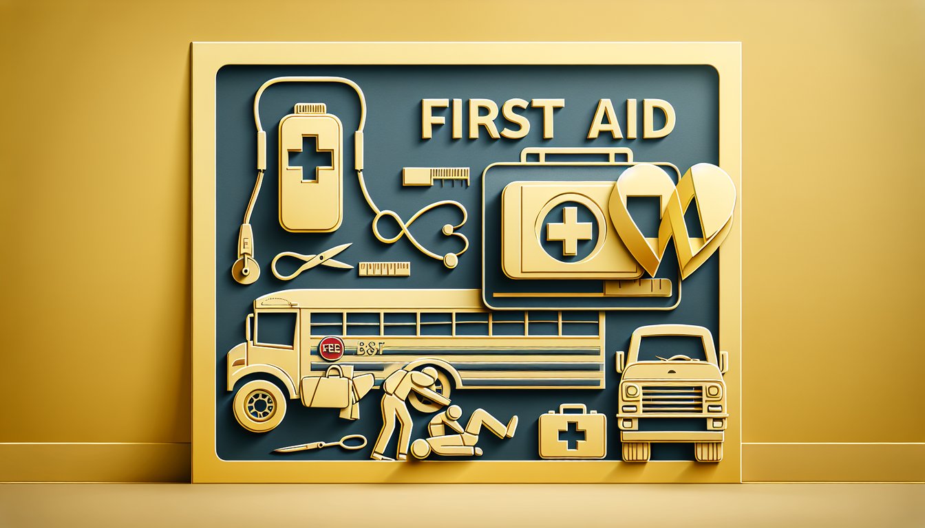 Paper art quiz illustration for CHP practice test and first aid skills for school bus drivers on golden yellow background.