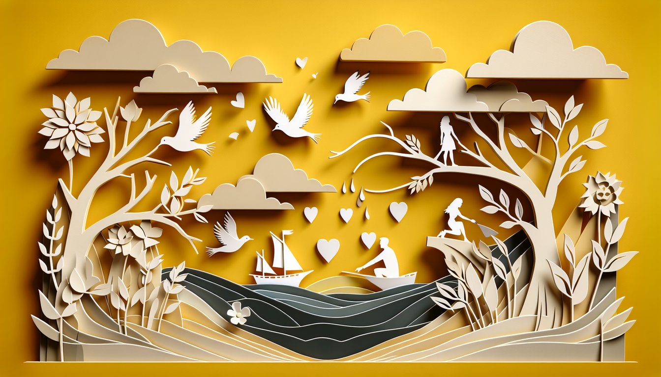 Paper art illustration of a couple silhouette with a torn heart motif on a golden yellow background for a breakup test quiz