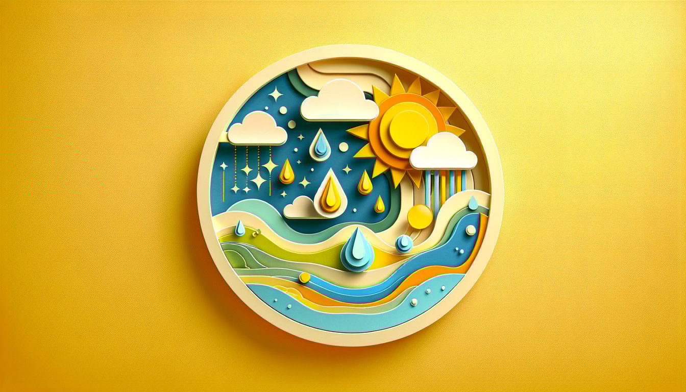 Paper art illustration shows water droplet rising under sun with evaporation cycle icons on golden yellow background