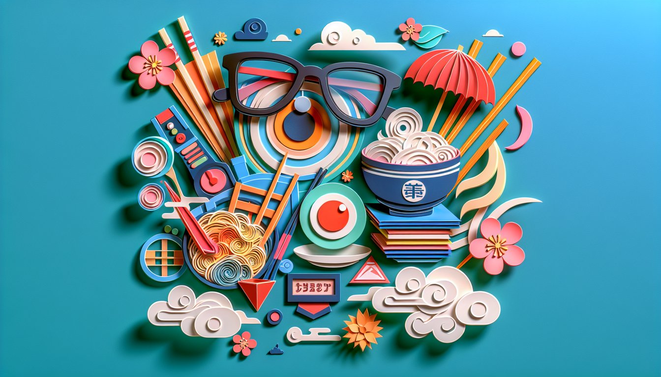 Paper art illustration for anime quiz testing otaku knowledge level on teal background