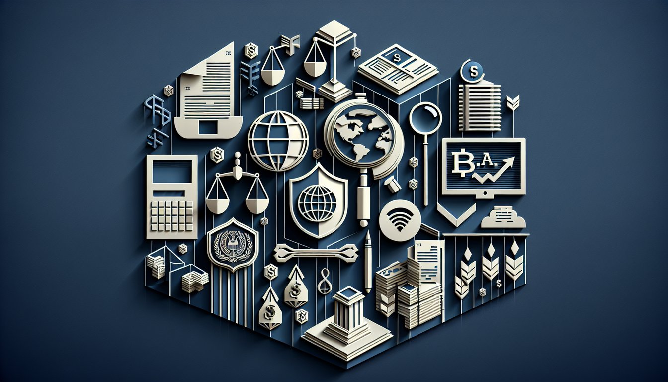 paper art BSA AML SARs quiz illustration with documents, checkmarks, magnifying glass, chart on dark blue background