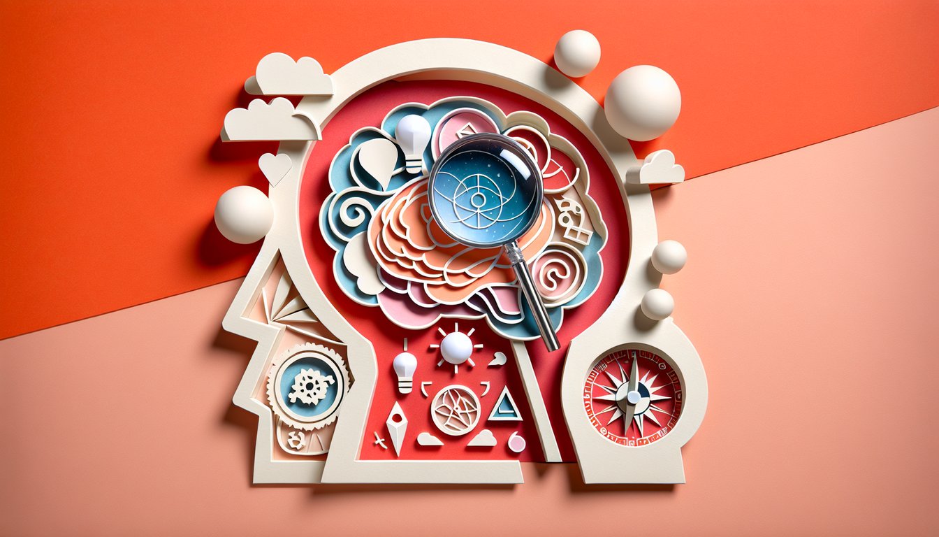 paper art illustration for enneagram personality quiz featuring layered geometric shapes forming star on coral background