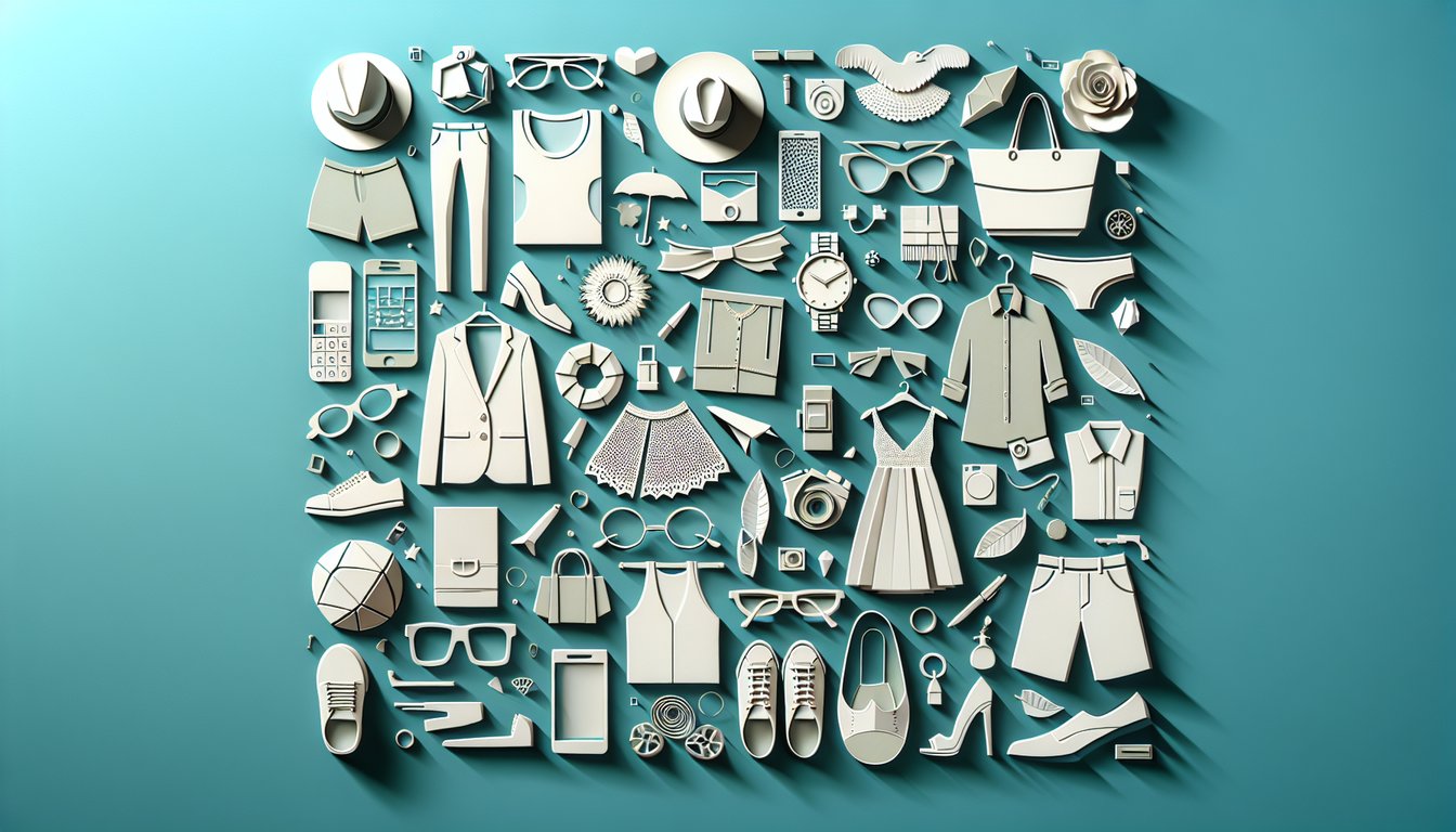 paper art illustration showing clothing accessories and quiz elements for personal style discovery on teal background.