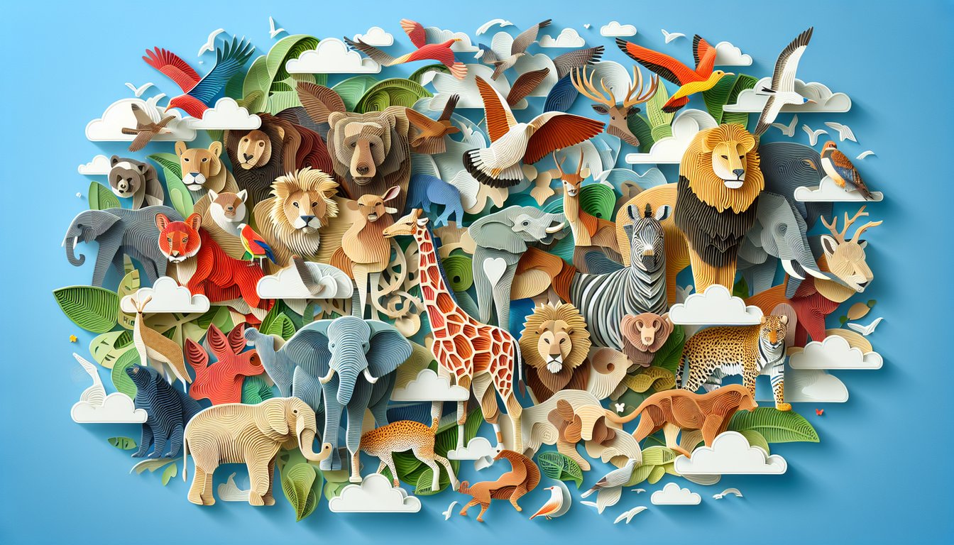 Paper art illustration featuring wildlife animals with quiz title Test your expert animal knowledge on sky blue background
