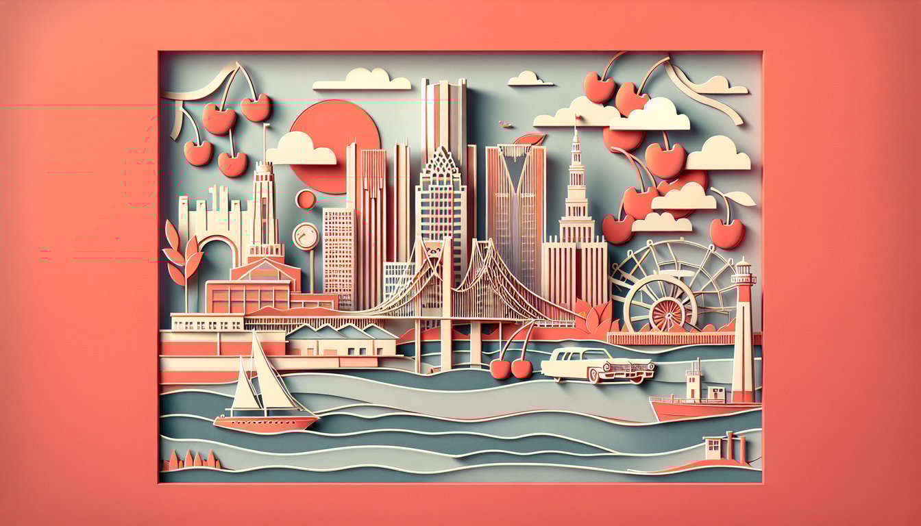 Paper art collage showing Michigan landmarks history icons and trivia quiz title on coral background