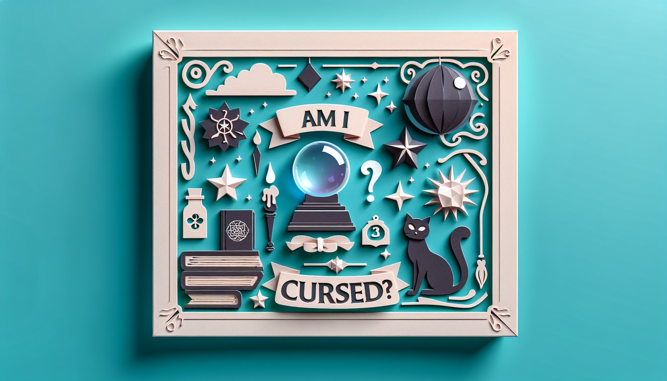 Paper cut art illustration of crystals charms mystical symbols and text Am I Cursed quiz on teal background