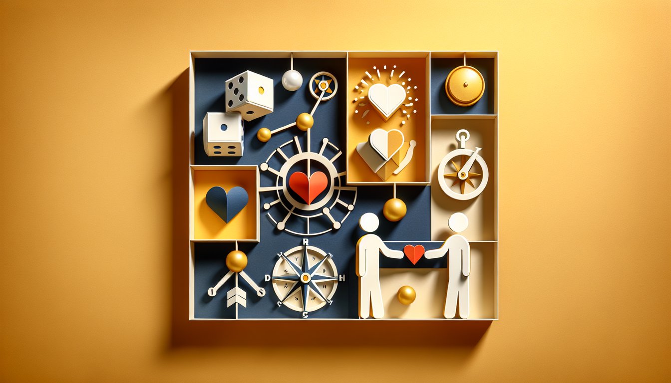 Paper art quiz design with hearts and magnifying glass decoding her hints on golden yellow background