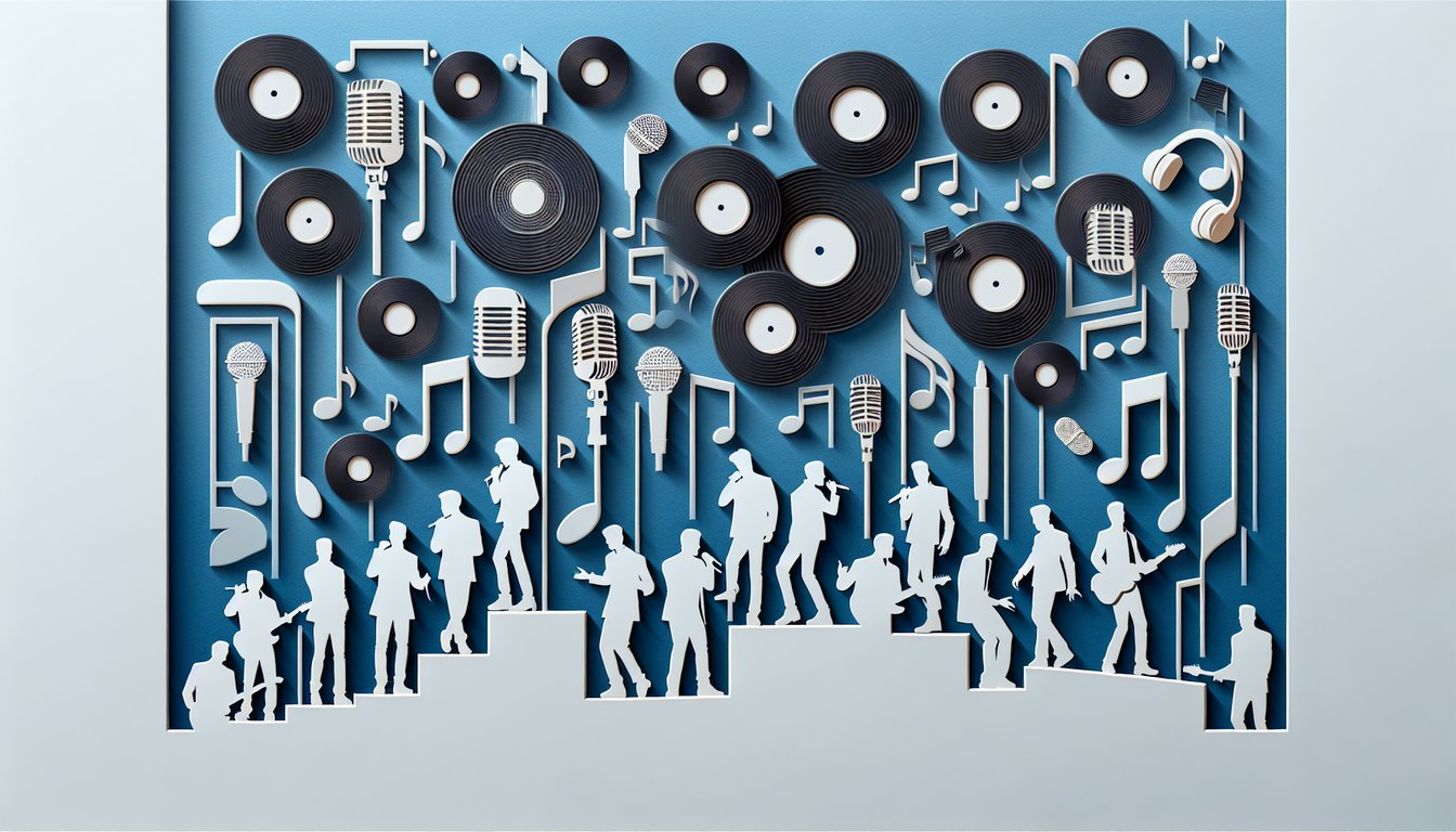 Paper art illustration of colorful boy band silhouettes on sky blue background with bold quiz title challenging pop music fans