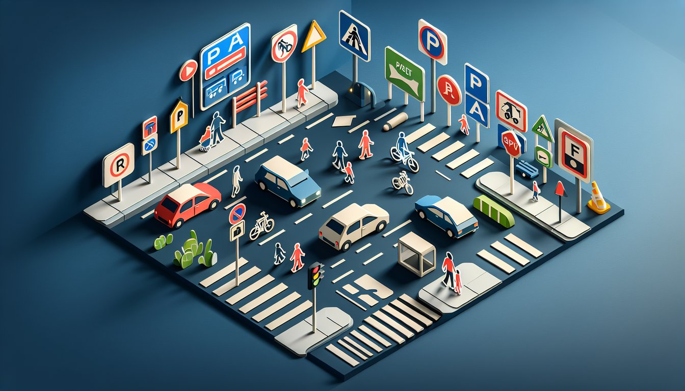 Paper art illustration of parking lot safety quiz with cars parking spaces question mark icon on dark blue background.