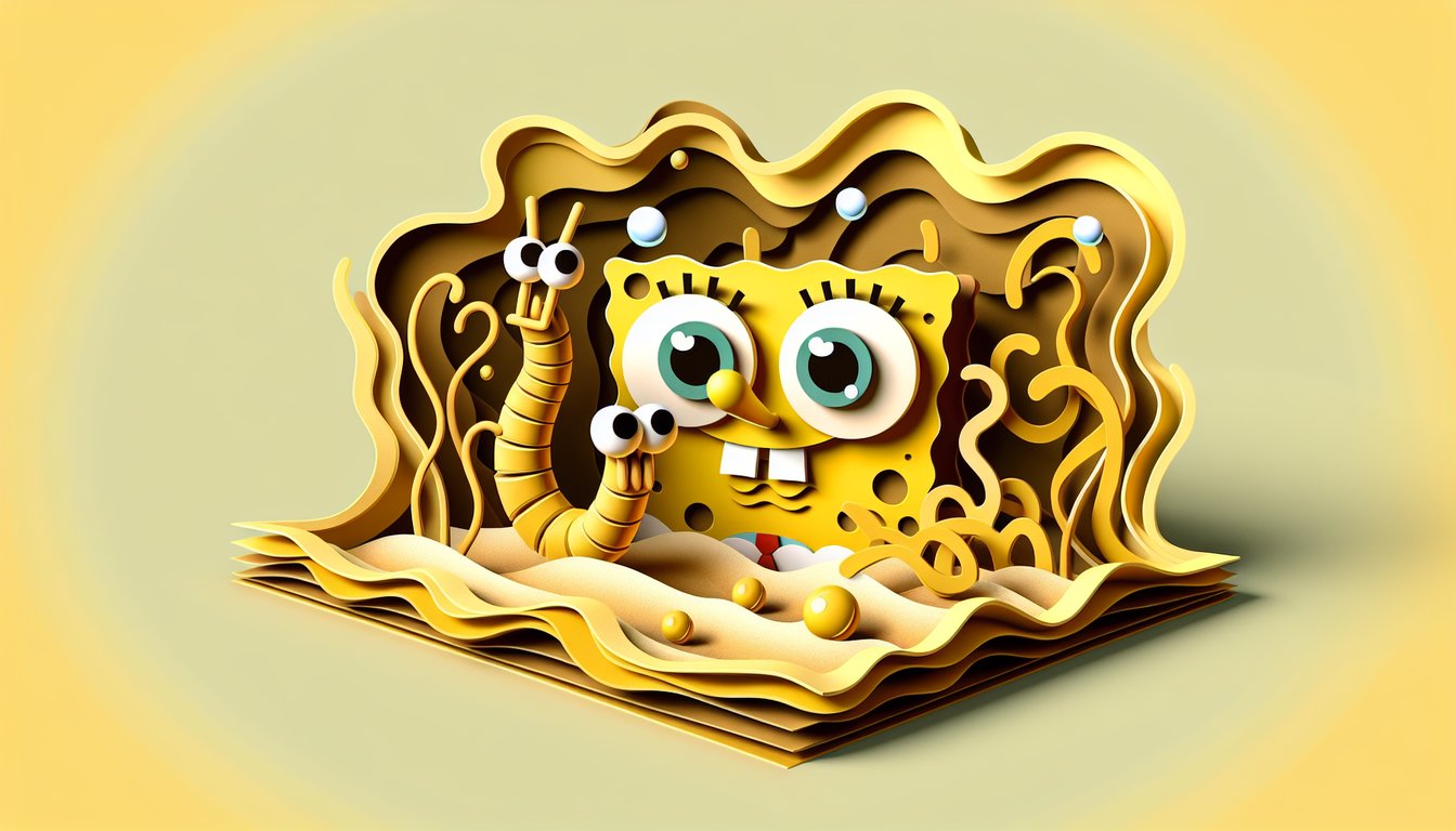 Paper art illustration for SpongeBob trivia quiz with pet worm detail on golden yellow background