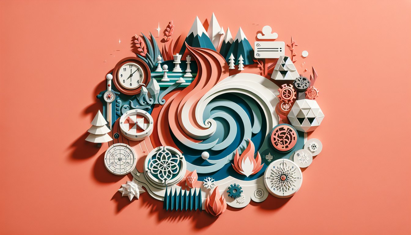 Paper art illustration for Warframe playstyle quiz on coral background