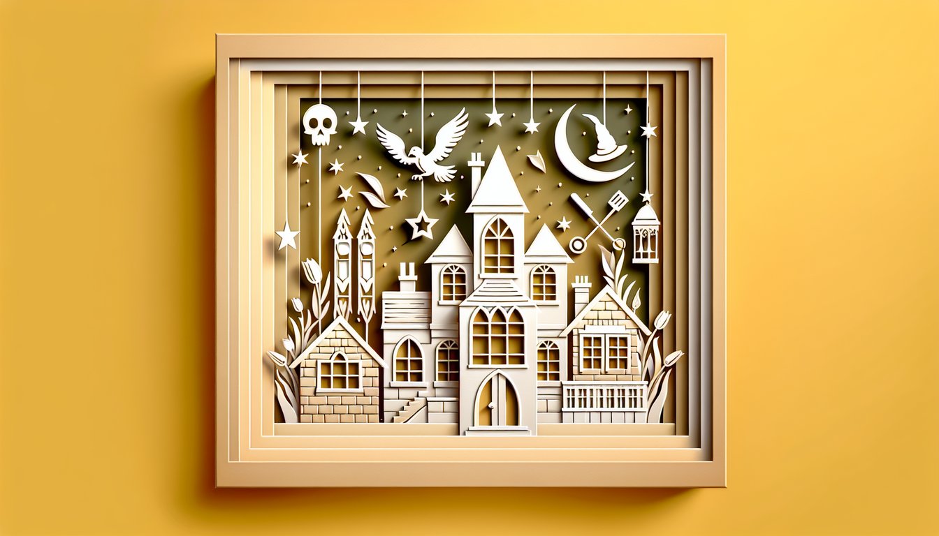 Paper art illustration for Harry Potter house quiz on a golden yellow background
