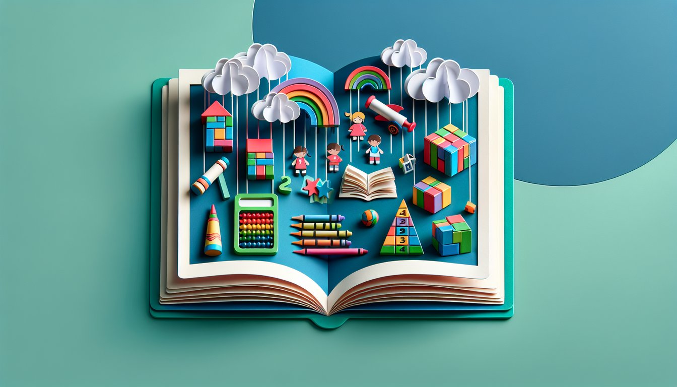 Paper art illustration of toddler stacking blocks letters and stars on teal background for gifted preschooler quiz