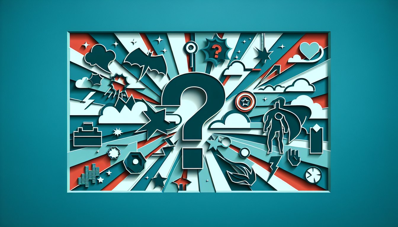 Paper art illustration of The Question mask comic panels DC heroes and quiz prompt on teal background