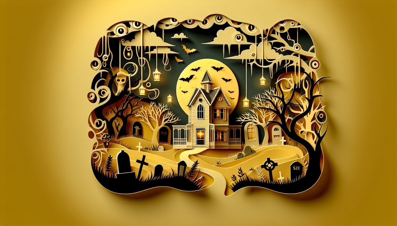 Paper art puppet head on golden yellow background with horror movie quiz title calling fans to test their knowledge