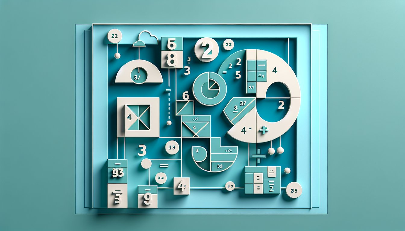 Paper art with fraction symbols division and multiplication icons floating on teal background for a fractions quiz