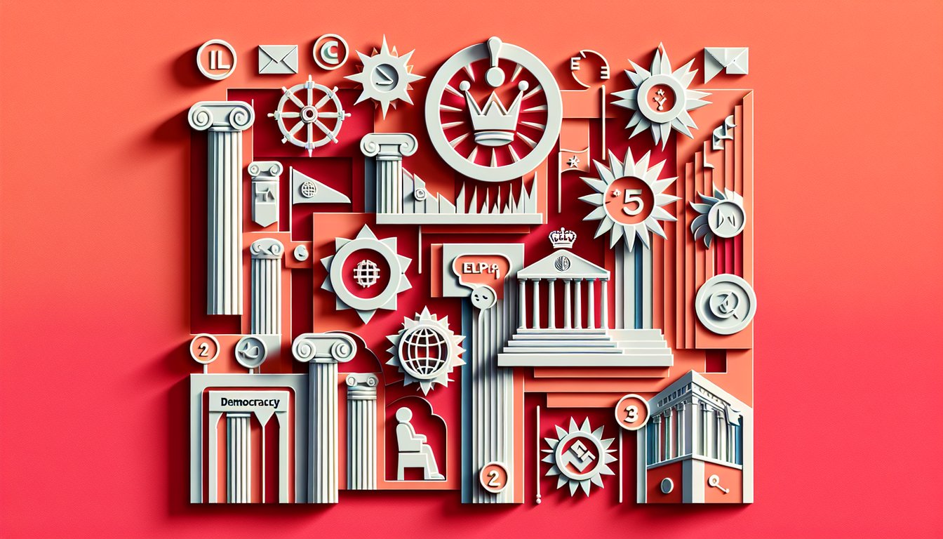 Paper art icons for democracy monarchy dictatorship theocracy quiz on coral background