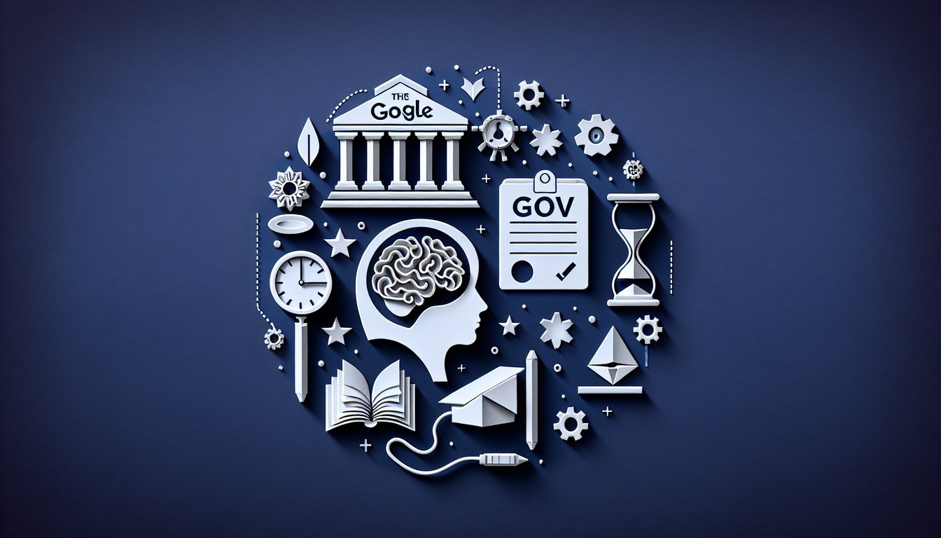 Colorful paper art promoting the Google Gov Exam Challenge trivia quiz for high school students.