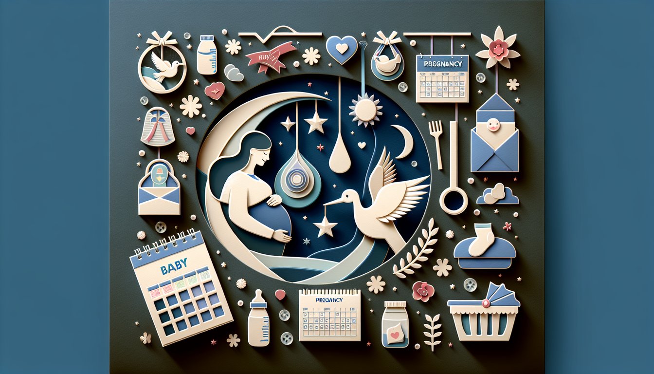 Paper art illustration for a pregnancy timeline quiz on a dark blue background
